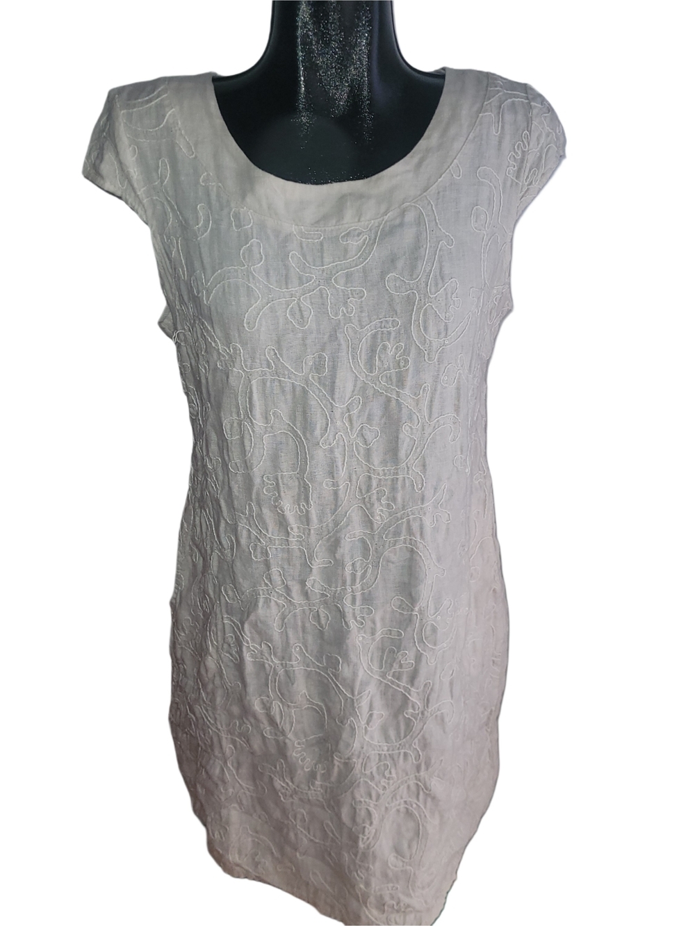 Lina Tomei 100% Linen Cream Embroidery Detailed Cap Sleeve Midi Shift Dress L